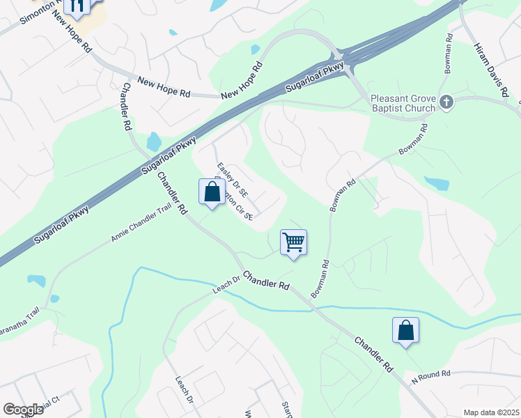 map of restaurants, bars, coffee shops, grocery stores, and more near 795 Donington Circle Southeast in Lawrenceville
