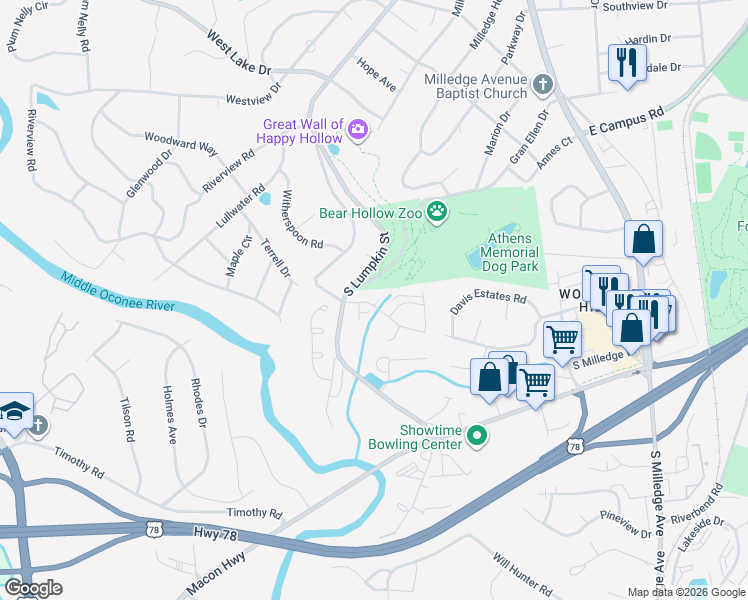 map of restaurants, bars, coffee shops, grocery stores, and more near 202 Sleepy Creek Drive in Athens