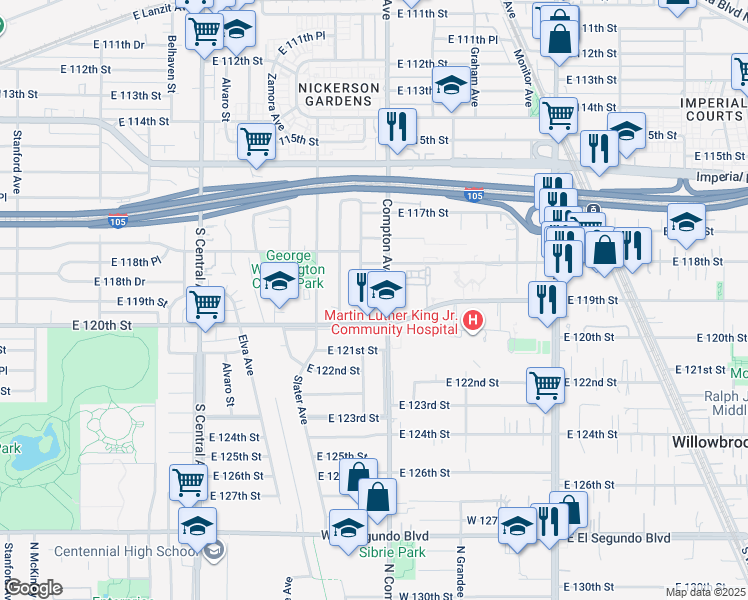 map of restaurants, bars, coffee shops, grocery stores, and more near 1563 East 119th Street in Los Angeles