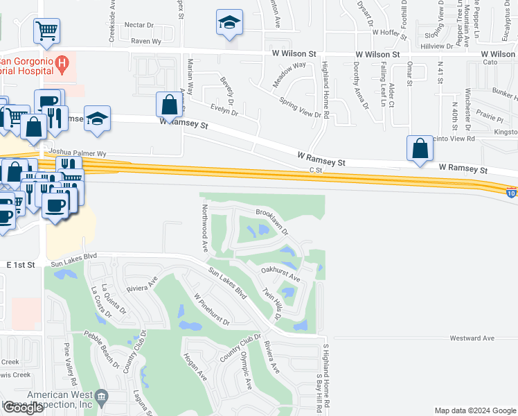 map of restaurants, bars, coffee shops, grocery stores, and more near 440 Brooklawn Drive in Banning