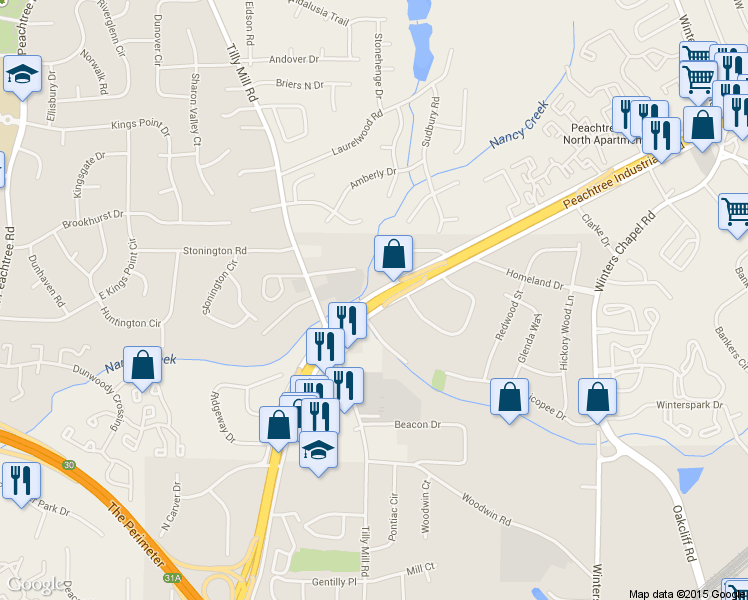 map of restaurants, bars, coffee shops, grocery stores, and more near 2230 Peachtree Rd in Atlanta