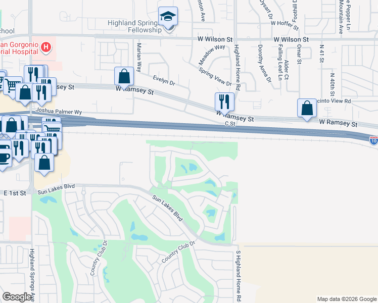 map of restaurants, bars, coffee shops, grocery stores, and more near 440 Brooklawn Drive in Banning