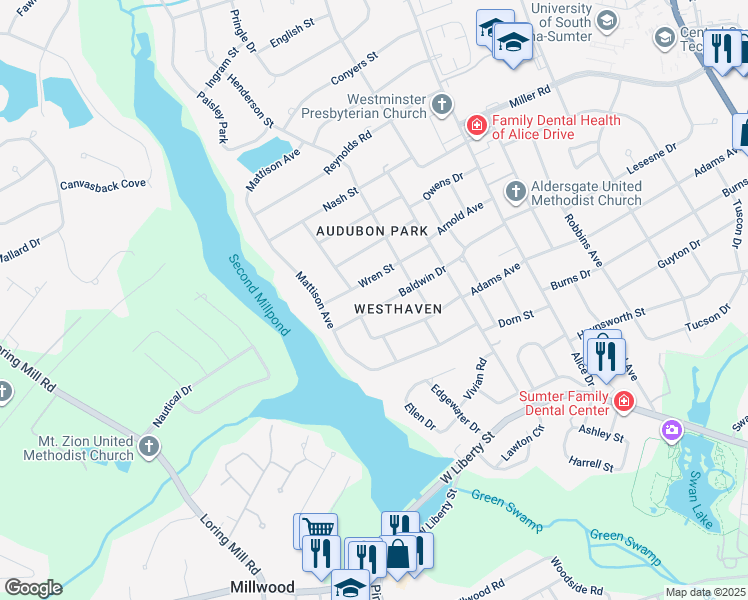 map of restaurants, bars, coffee shops, grocery stores, and more near 728 Baldwin Drive in Sumter