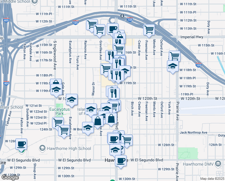 map of restaurants, bars, coffee shops, grocery stores, and more near 11965 Hawthorne Boulevard in Hawthorne