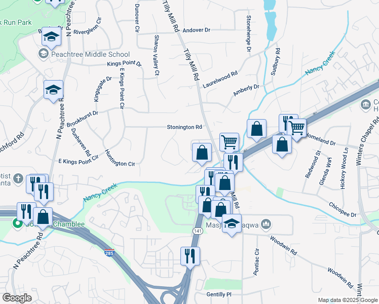 map of restaurants, bars, coffee shops, grocery stores, and more near 2462 Chestnut Landing in Atlanta