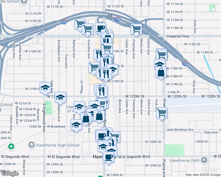 map of restaurants, bars, coffee shops, grocery stores, and more near 11941 Acacia Avenue in Hawthorne
