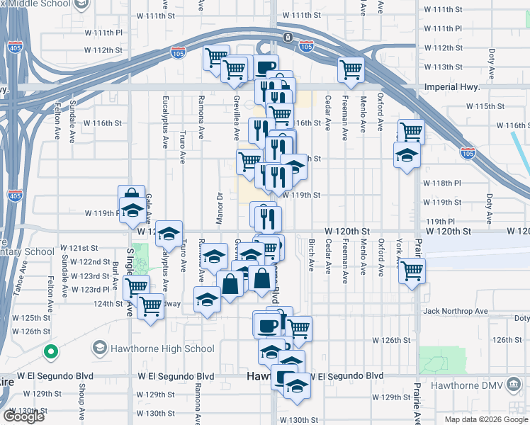 map of restaurants, bars, coffee shops, grocery stores, and more near 11949 Hawthorne Boulevard in Hawthorne