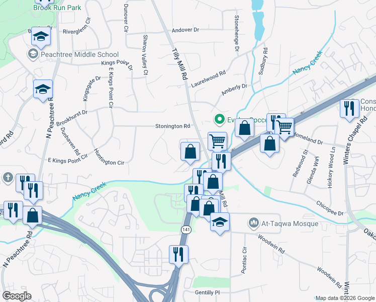 map of restaurants, bars, coffee shops, grocery stores, and more near 2432 Chestnut Landing in Atlanta