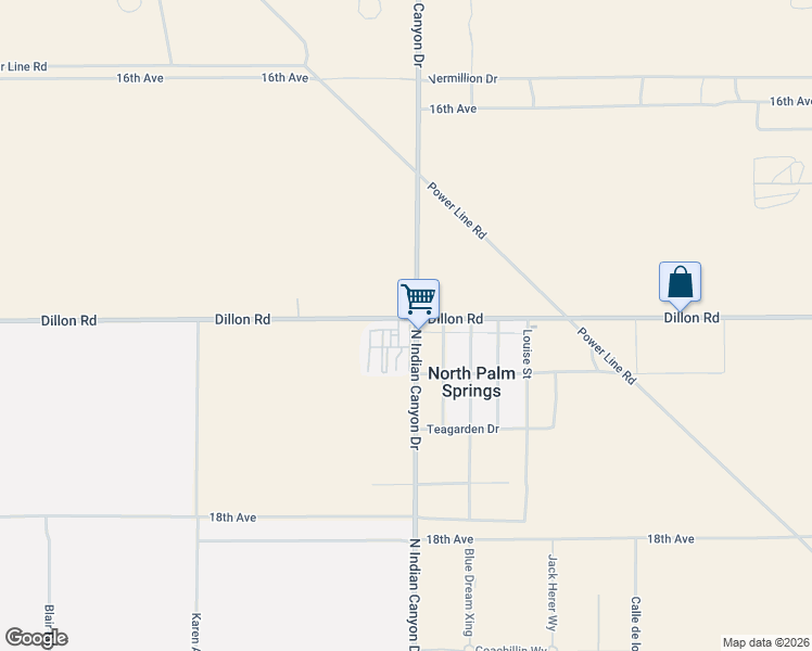 map of restaurants, bars, coffee shops, grocery stores, and more near 17069 North Indian Canyon Drive in North Palm Springs