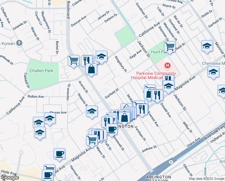 map of restaurants, bars, coffee shops, grocery stores, and more near 9413 Garfield Street in Riverside