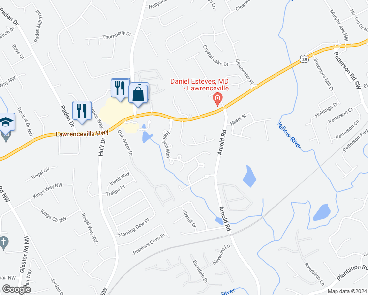 map of restaurants, bars, coffee shops, grocery stores, and more near 2460 Arnold Mill Road Northwest in Lawrenceville