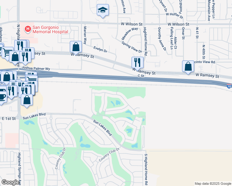 map of restaurants, bars, coffee shops, grocery stores, and more near 440 Brooklawn Drive in Banning