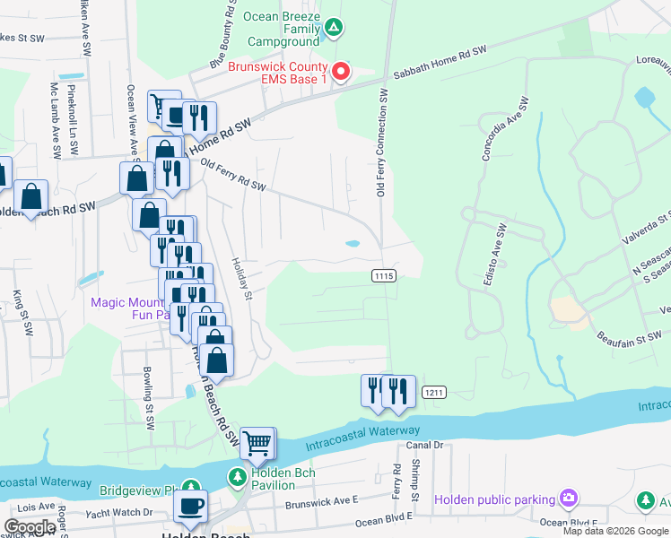 map of restaurants, bars, coffee shops, grocery stores, and more near 1079 Indigo Branch Rd SW in Brunswick