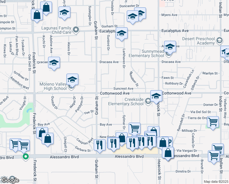 map of restaurants, bars, coffee shops, grocery stores, and more near in Moreno Valley