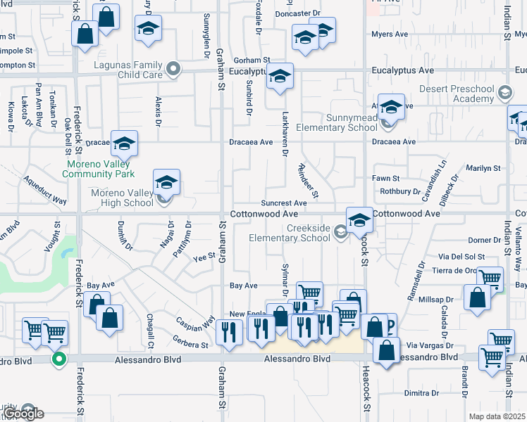 map of restaurants, bars, coffee shops, grocery stores, and more near 22850 Allies Place in Moreno Valley