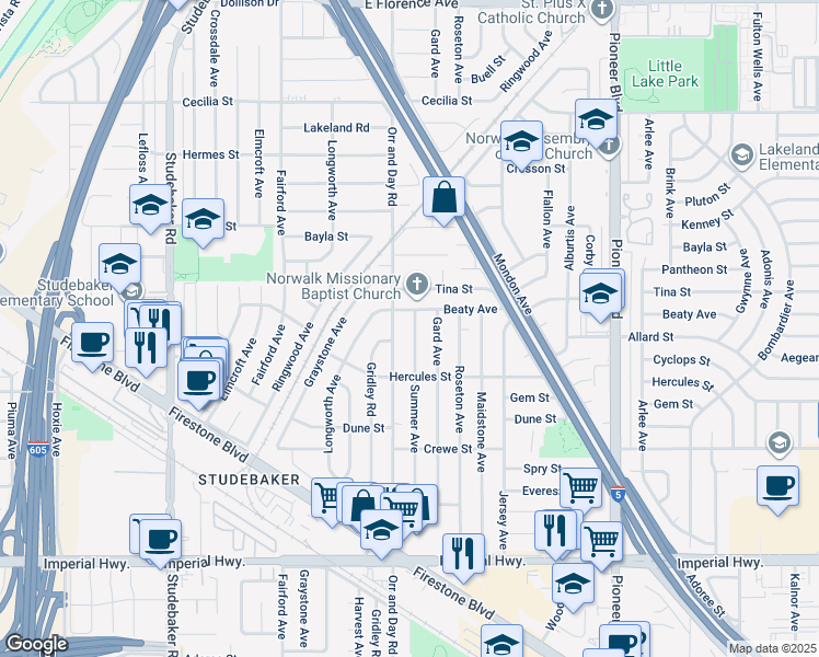 map of restaurants, bars, coffee shops, grocery stores, and more near 11819 Summer Avenue in Norwalk
