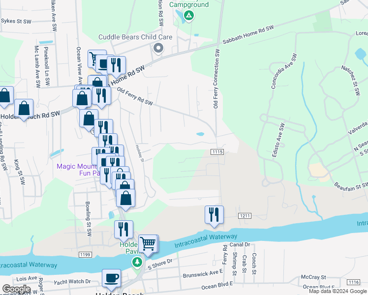 map of restaurants, bars, coffee shops, grocery stores, and more near 1099 Indigo Branch Road Southwest in Supply