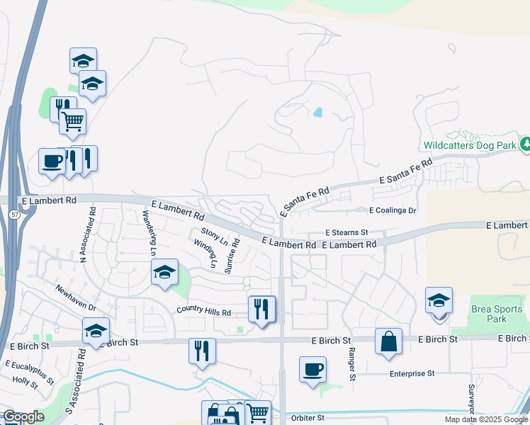 map of restaurants, bars, coffee shops, grocery stores, and more near 2523 Rimcrest Road in Brea