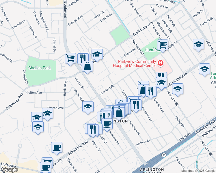map of restaurants, bars, coffee shops, grocery stores, and more near 9413 Garfield Street in Riverside
