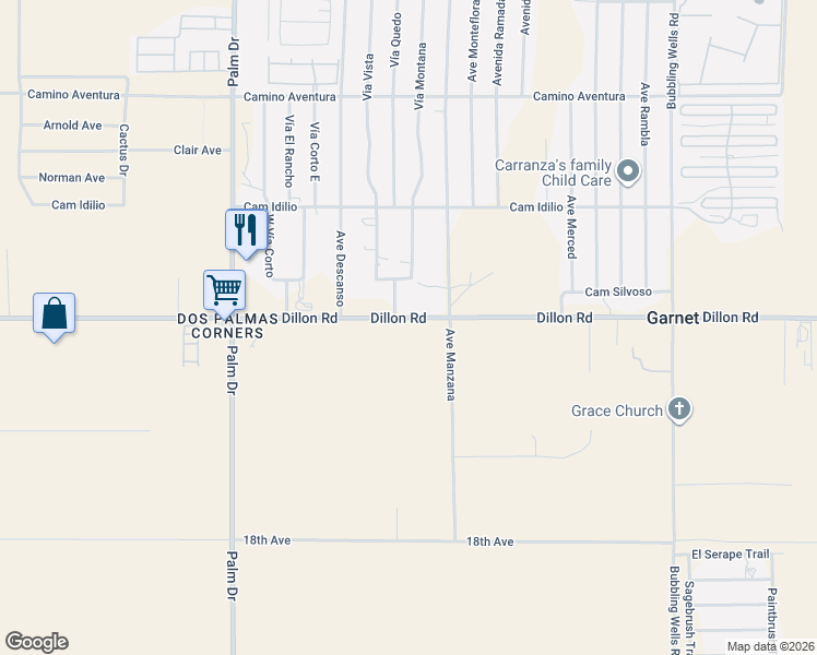 map of restaurants, bars, coffee shops, grocery stores, and more near Avenida Manzana in Desert Hot Springs
