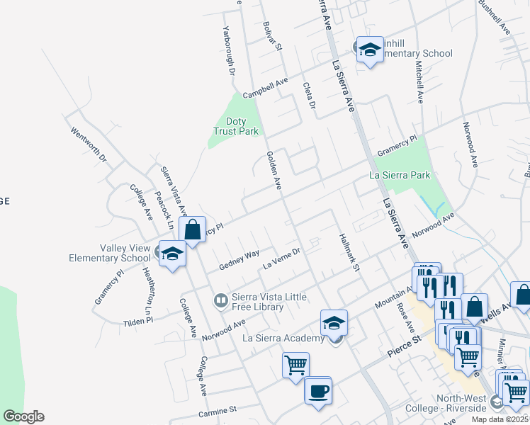 map of restaurants, bars, coffee shops, grocery stores, and more near 11360 Gramercy Place in Riverside