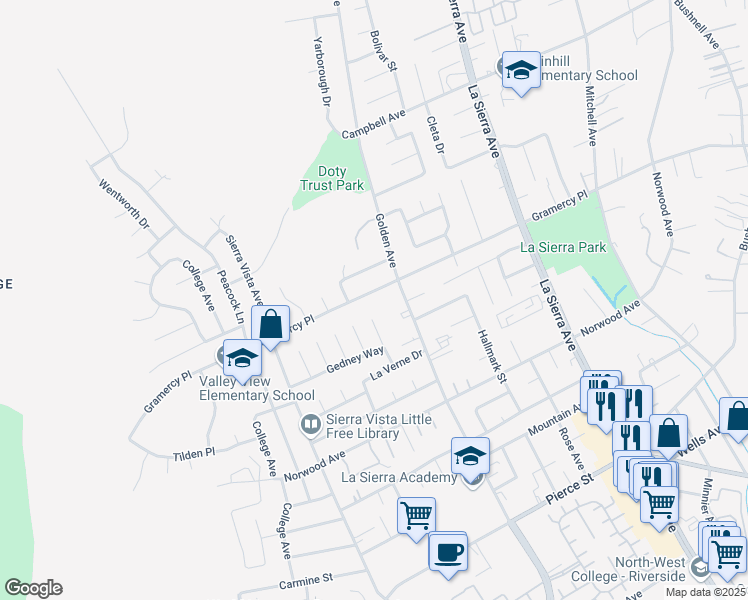map of restaurants, bars, coffee shops, grocery stores, and more near 11360 Gramercy Place in Riverside