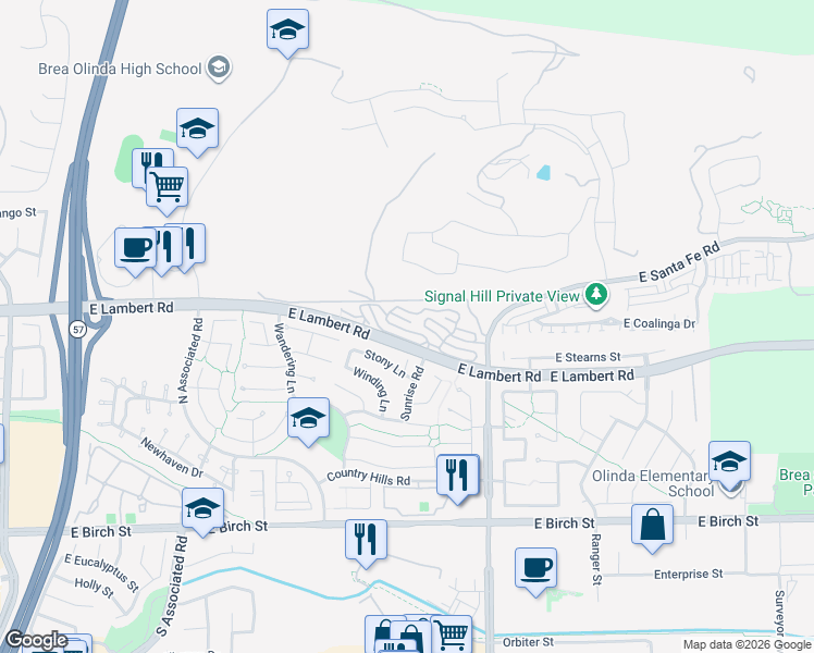 map of restaurants, bars, coffee shops, grocery stores, and more near 2389 Skyline Drive in Brea