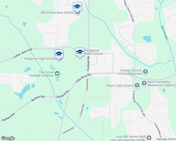 map of restaurants, bars, coffee shops, grocery stores, and more near 1215 Casteel Road in Powder Springs