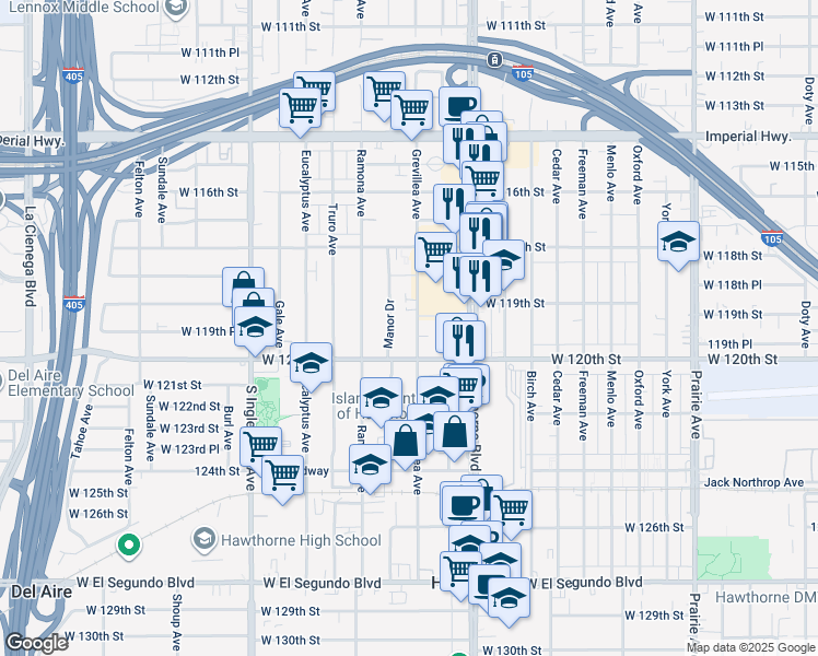 map of restaurants, bars, coffee shops, grocery stores, and more near 11943 Grevillea Avenue in Hawthorne