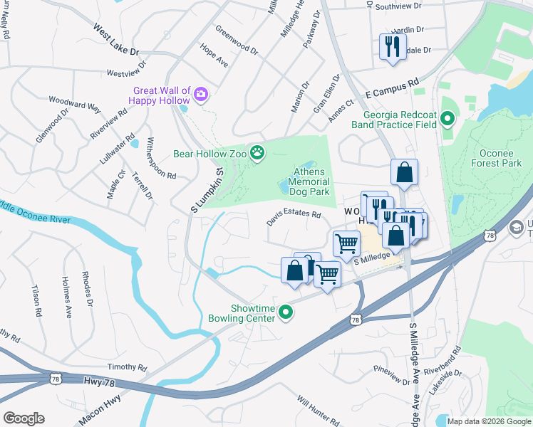 map of restaurants, bars, coffee shops, grocery stores, and more near 246 Davis Estates Road in Athens