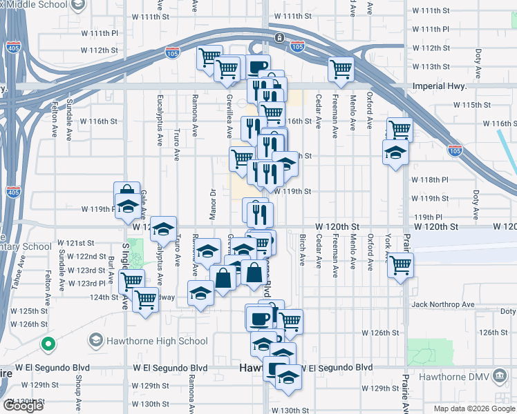 map of restaurants, bars, coffee shops, grocery stores, and more near 11949 Hawthorne Boulevard in Hawthorne