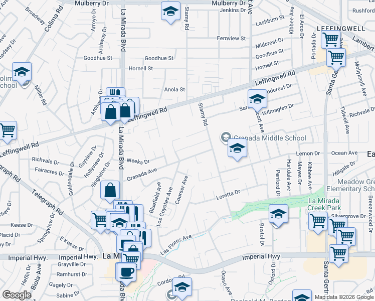map of restaurants, bars, coffee shops, grocery stores, and more near 15230 Weeks Drive in La Mirada