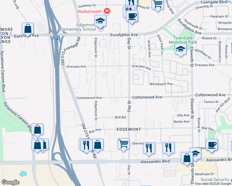 map of restaurants, bars, coffee shops, grocery stores, and more near 21907 Cottonwood Avenue in Moreno Valley