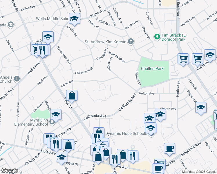 map of restaurants, bars, coffee shops, grocery stores, and more near 9910 Cook Ave in Riverside