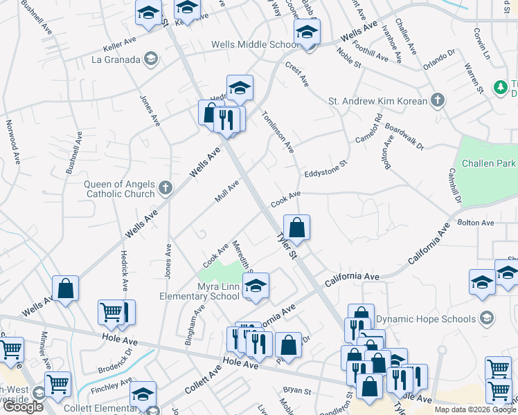 map of restaurants, bars, coffee shops, grocery stores, and more near 10340 Cook Avenue in Riverside