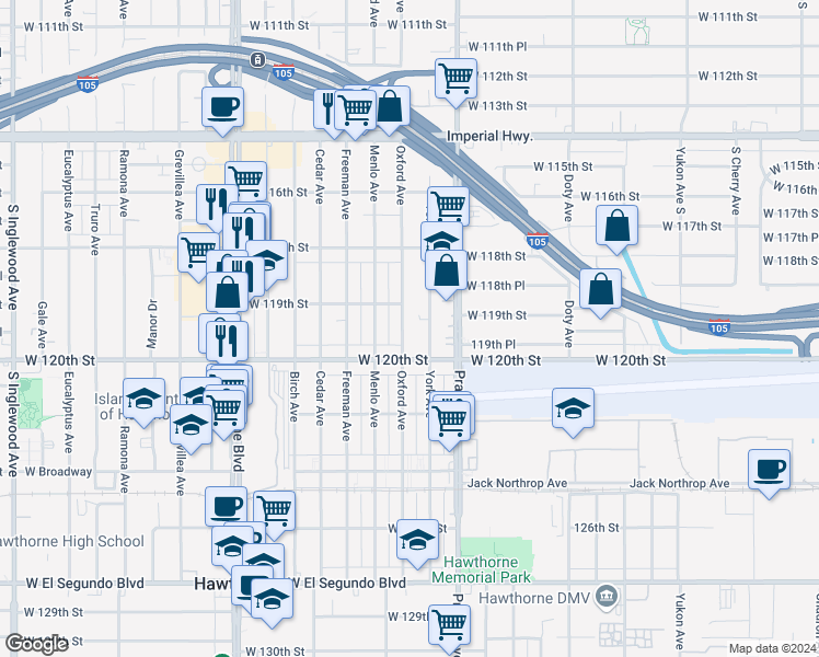 map of restaurants, bars, coffee shops, grocery stores, and more near 11981 York Avenue in Hawthorne