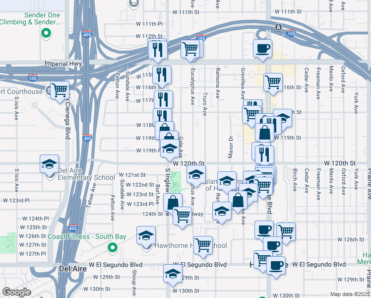 map of restaurants, bars, coffee shops, grocery stores, and more near 4763 West 120th Street in Hawthorne