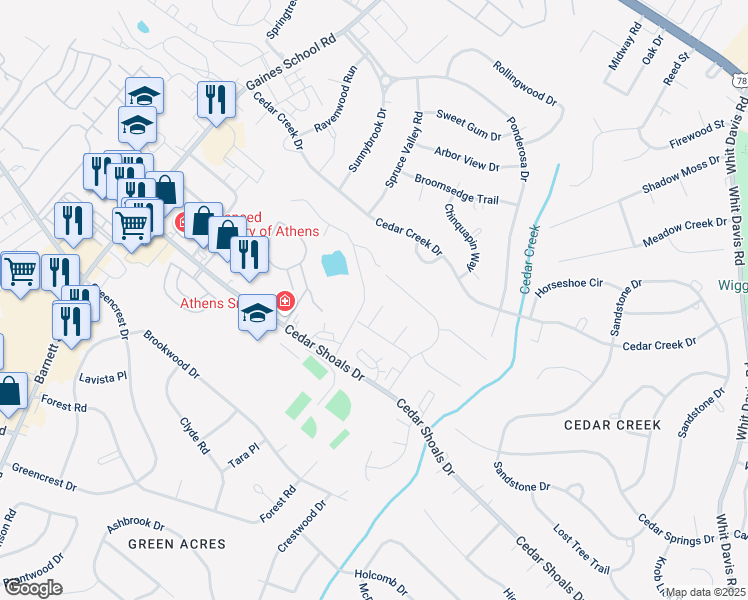map of restaurants, bars, coffee shops, grocery stores, and more near 104 Vintage Court in Athens