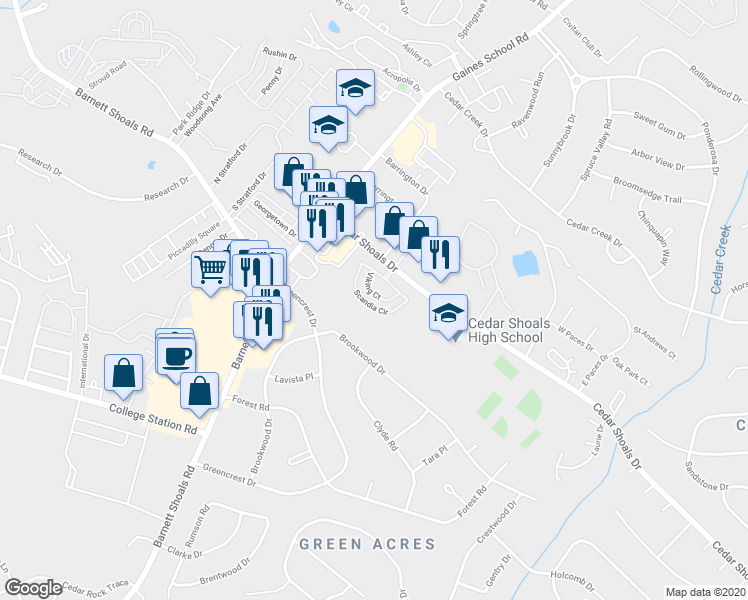 map of restaurants, bars, coffee shops, grocery stores, and more near 176 Scandia Circle in Athens