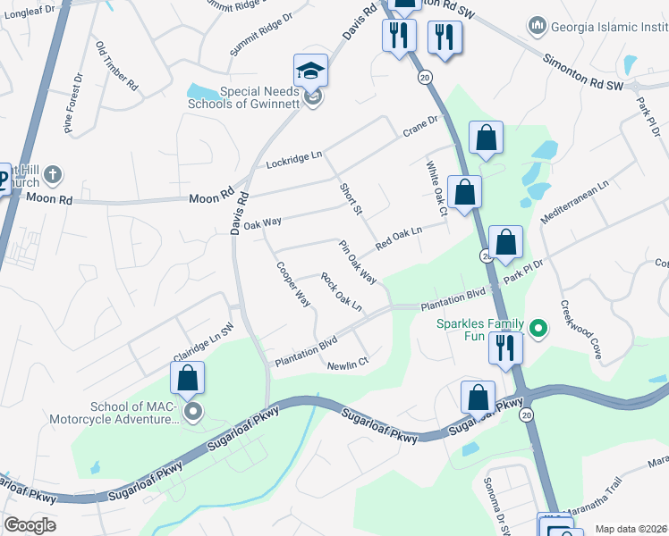map of restaurants, bars, coffee shops, grocery stores, and more near 917 Rock Oak Lane in Lawrenceville