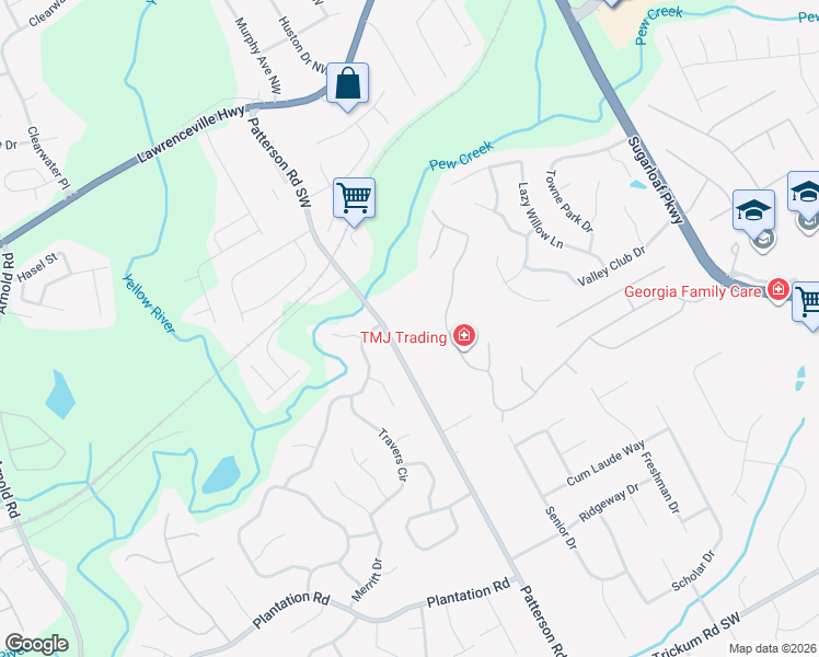 map of restaurants, bars, coffee shops, grocery stores, and more near 158 Patterson Road Southwest in Lawrenceville