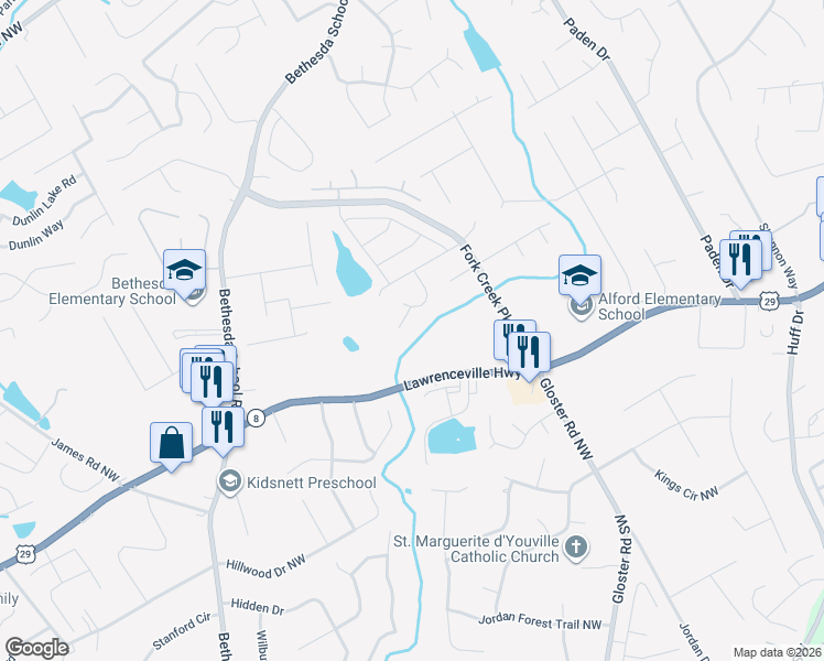 map of restaurants, bars, coffee shops, grocery stores, and more near 2756 Fork Creek Court in Lawrenceville