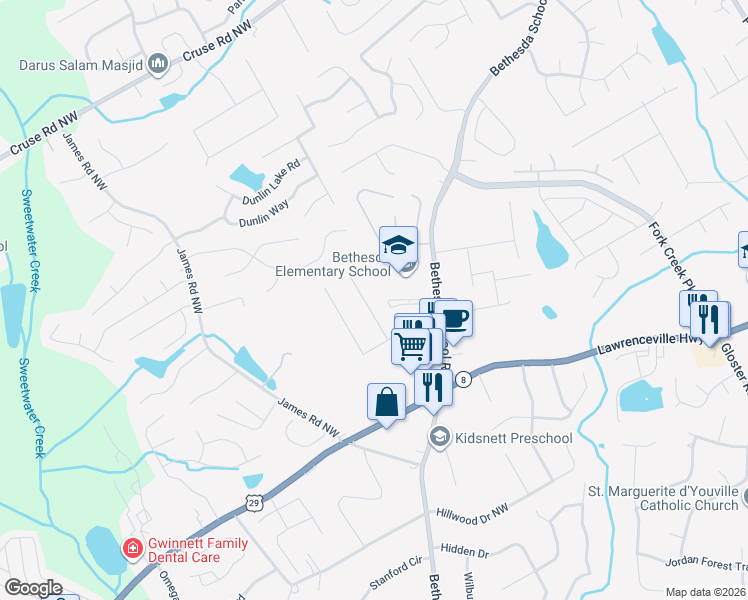 map of restaurants, bars, coffee shops, grocery stores, and more near 565 Chandon Way in Lawrenceville