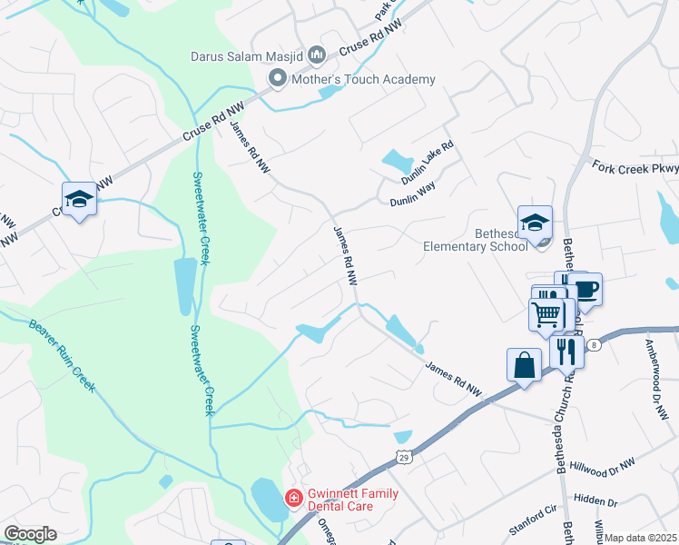 map of restaurants, bars, coffee shops, grocery stores, and more near 3211 Oaktree Park Drive Northwest in Lawrenceville