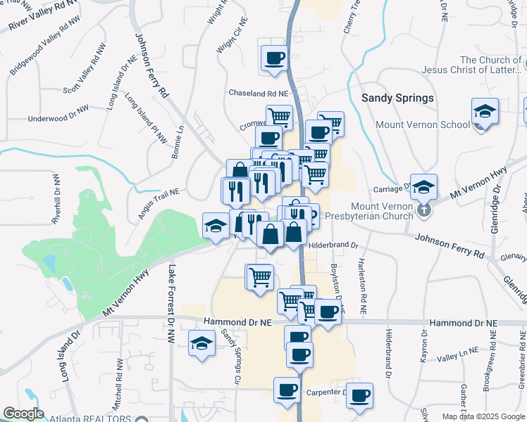 map of restaurants, bars, coffee shops, grocery stores, and more near 1 Galambos Way in Sandy Springs