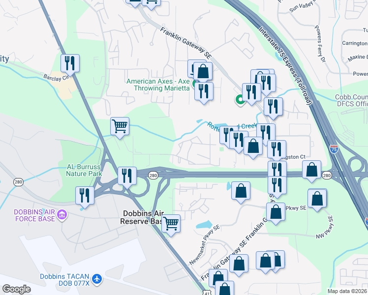 map of restaurants, bars, coffee shops, grocery stores, and more near 1806 Ashborough Circle in Marietta