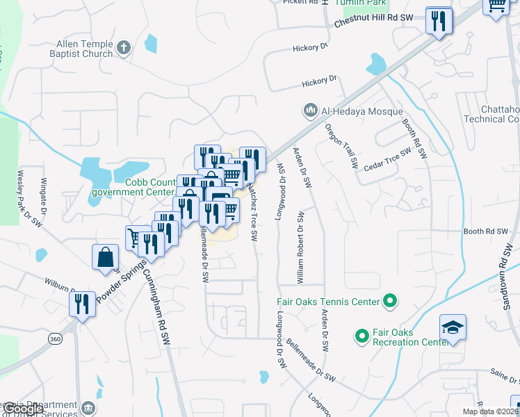 map of restaurants, bars, coffee shops, grocery stores, and more near 1228 Natchez Trce Southwest in Marietta