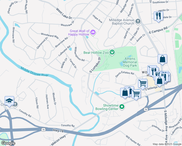 map of restaurants, bars, coffee shops, grocery stores, and more near 138 Welch Place in Athens