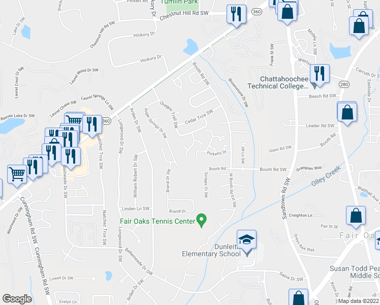 map of restaurants, bars, coffee shops, grocery stores, and more near 1177 Cayman Lane Southwest in Marietta