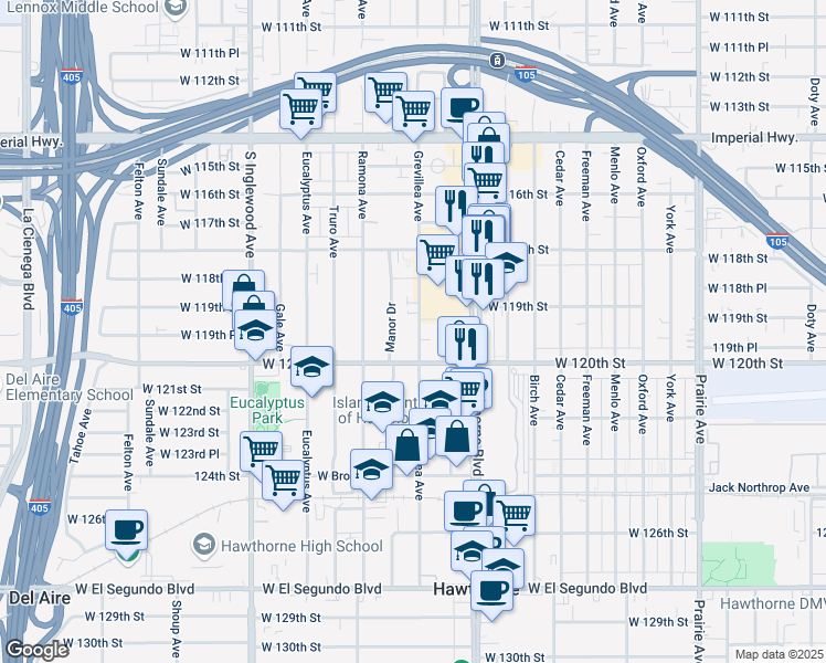 map of restaurants, bars, coffee shops, grocery stores, and more near 4467 West 120th Street in Hawthorne